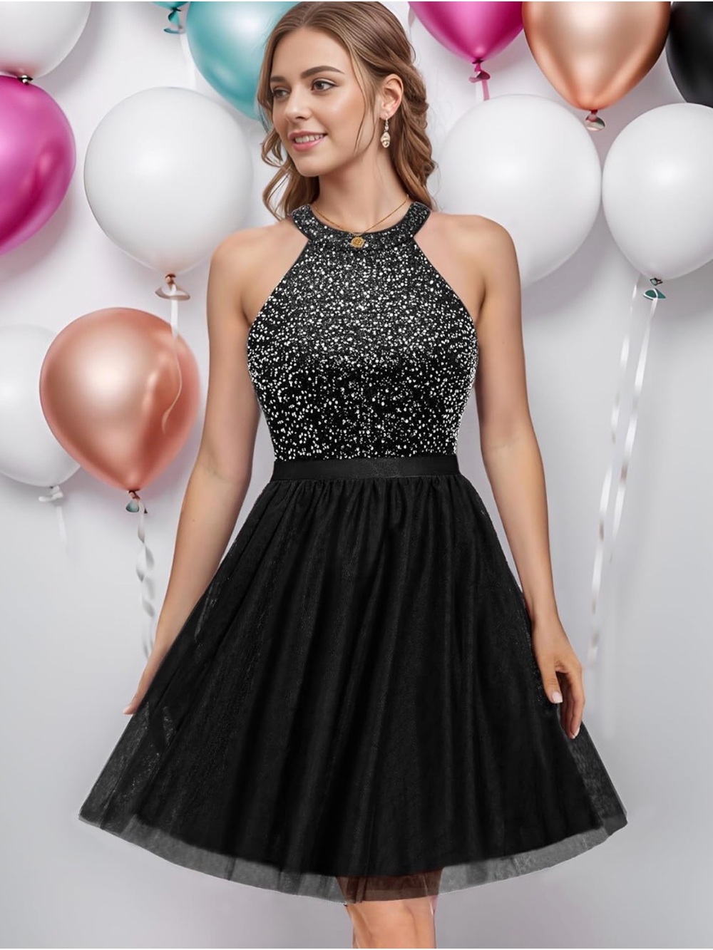 NWT Black Sequin Halter Neck Mini Party Dress, Large